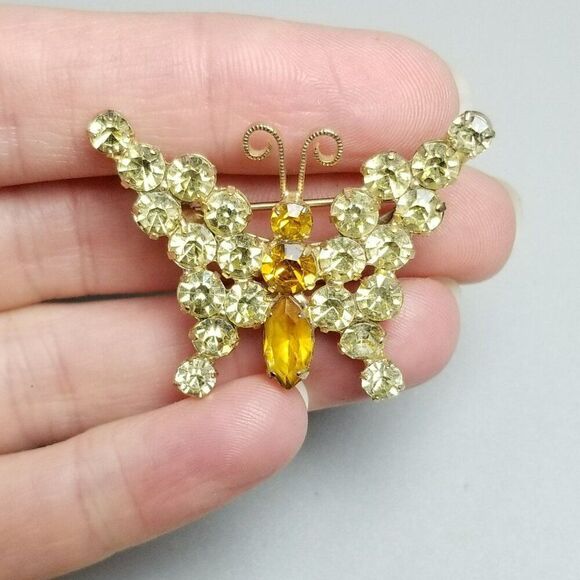 Vintage Orange and Yellow Rhinestone Butterfly Brooch, Prong Set, Insect Wings - Picture 6 of 6